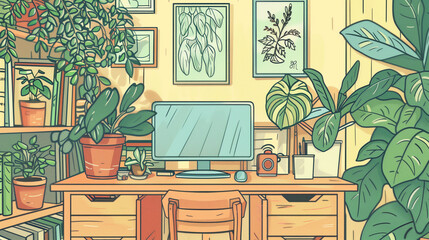 Modern Home Office with Green Plants