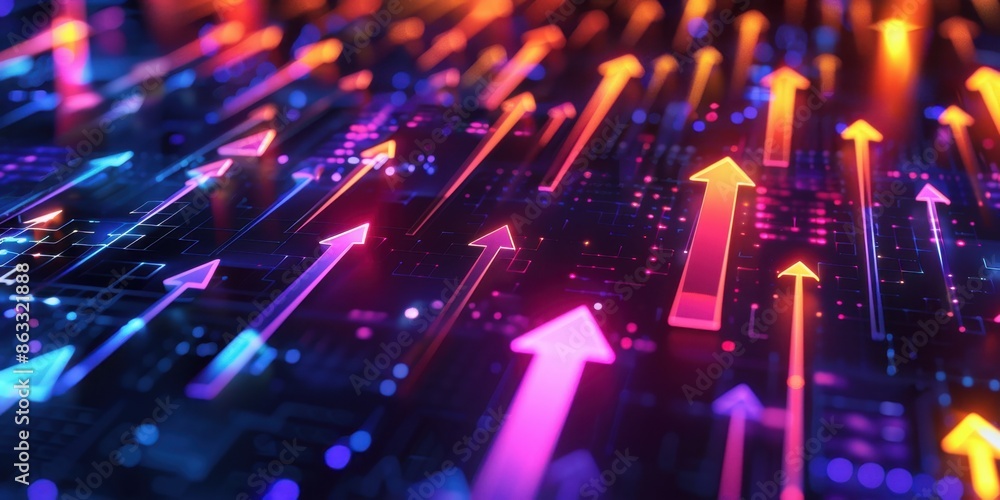 Poster abstract background with glowing arrows pointing upwards, symbolizing growth and success in business