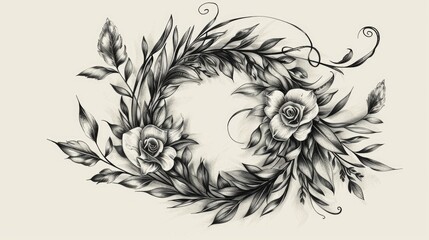 Floral motif in circular pattern with leaves and spirals in hand drawn style