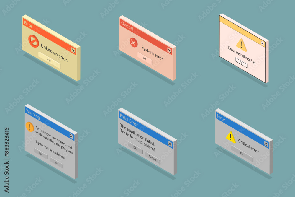 Aufkleber 3d isometric flat vector set of retro error messages, throwback to the 90s interface. a nostalgic re