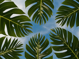 Fondo de hojas tropicales y cielo azul
