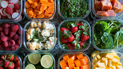 Containers filled with prepped meals showcasing a week of healthy eating