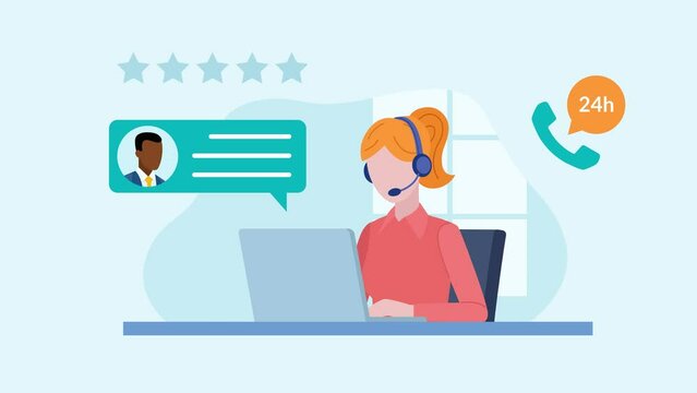 Customer support women having conversation with client. Animation in flat design style. Woman working as customer support. Having headset on and writing on laptop. 24/7 open.Five-star rating.
