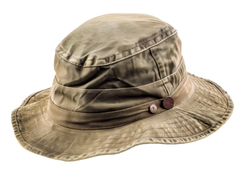 Vintage khaki bucket hat with buttons, featuring a rugged and well-worn appearance, ideal for outdoor adventures.