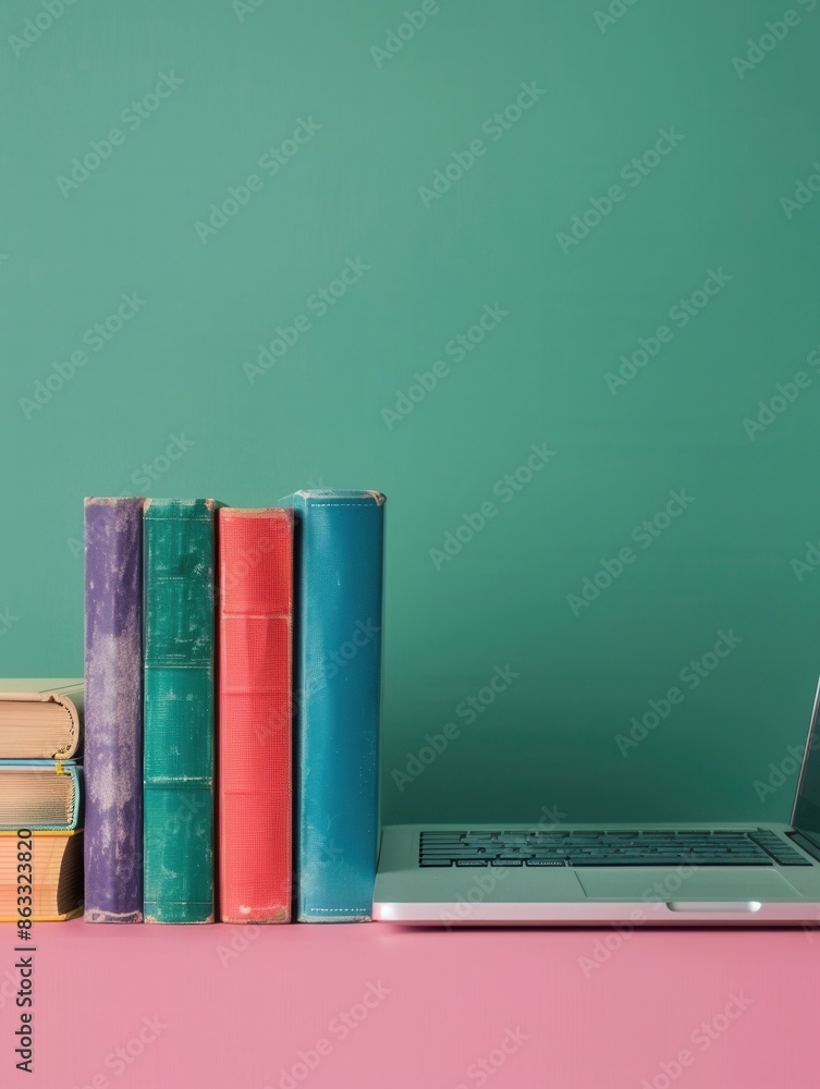 Poster a close-up image of a laptop with a stack of colorful books in front of it. this image represents mo