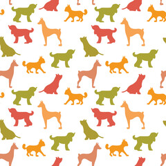 Vector seamless repeating childish pattern with cute dogs, cats in Scandinavian style. Animals background with dog, cat, pets, puppy for invitation, poster, card, flyer, textile, fabric
