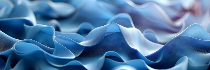 Obraz premium 3d render, abstract fashion background with blue wavy ribbons, folded cloth macro