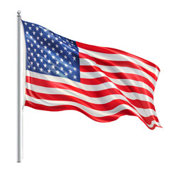 The American flag waving on a flagpole, representing the United States with red, white, and blue stripes and stars.
