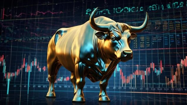 A Bull standing in powerful position, in fron of huge cinematic stock market chart