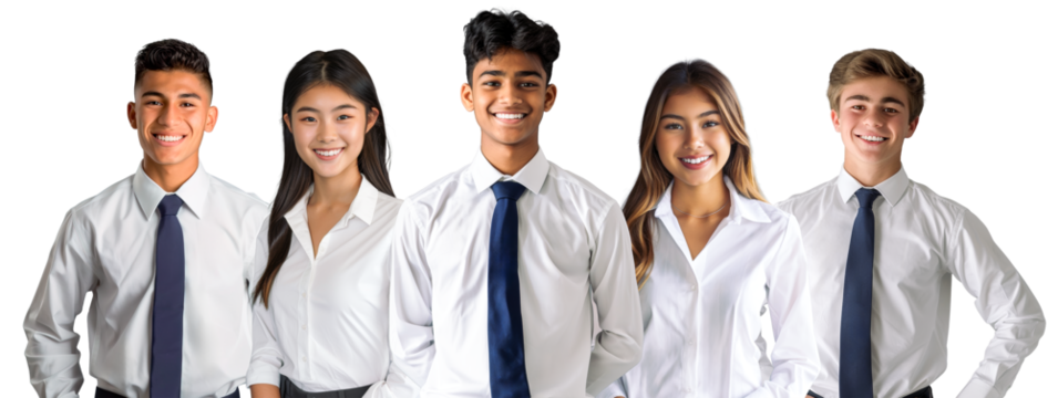 Group of diverse young professionals in white shirts and ties, smiling confidently, with a professional and friendly demeanor.