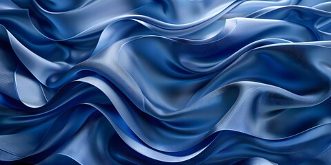 Fototapeta premium 3d render, abstract fashion background with blue wavy ribbons, folded cloth macro