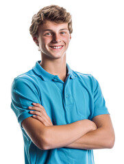 Obraz premium Young Caucasian man in a blue polo shirt as job uniform, smiling confidently with a friendly demeanor, standing against a white background.