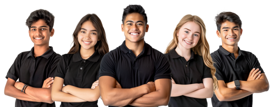 Group of diverse young people in black shirts as job uniform, smiling confidently with arms crossed, standing against a white background.