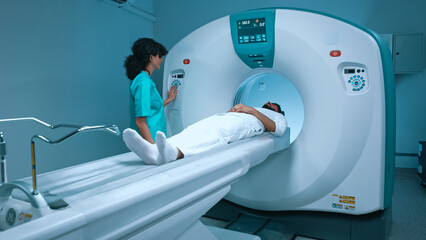 Professional doctor performs emergency examination procedure using advanced medical technologies....