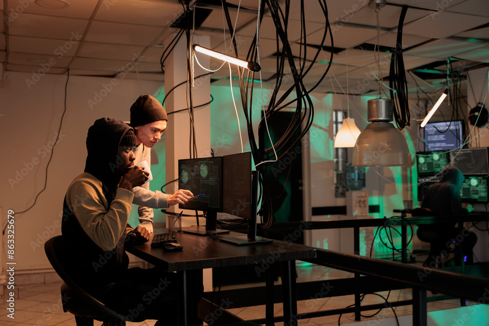 Poster hackers group coding internet virus program, developing malicious software, criminals stealing priva