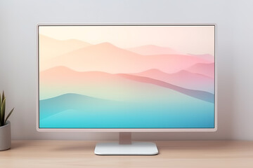 Fototapeta premium empty White screen on Desktop monitor, placed in Office environment, light wood desk, soft lighting, modern tech gadgets