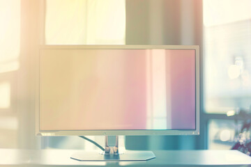 empty White screen on Desktop monitor, placed in Office environment, light wood desk, soft lighting, modern tech gadgets