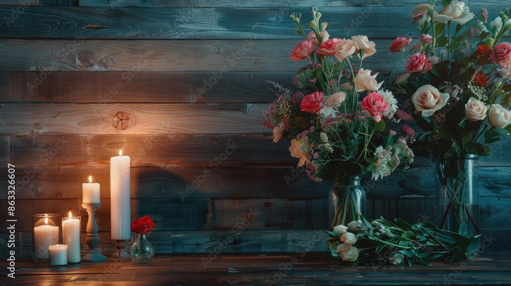 Wall mural floral and candle decor next to wooden wall in room