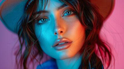 Naklejka premium Full-length portrait young elegant woman in blue shorts, black jacket and hat. Fashion studio shot