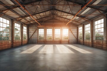 A spacious warehouse bathed in sunlight, featuring sturdy metal beams and expansive windows, which flood the room with natural light and highlight the simplicity and industrial charm.