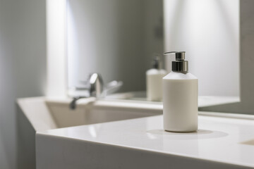 A white soap dispenser sitting on a counter in front of two sinks, AI