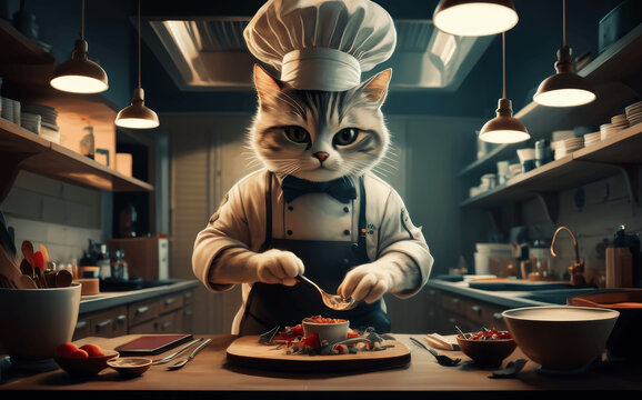 cat chef preparing a sish in a kitchen