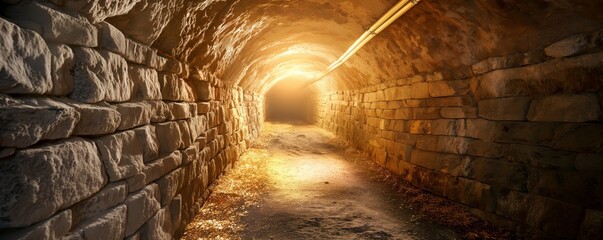 A meticulously arranged stone brick tunnel, warmly lit from inside, creating a sense of careful craftsmanship and inviting entrance, leading to an unknown destination.
