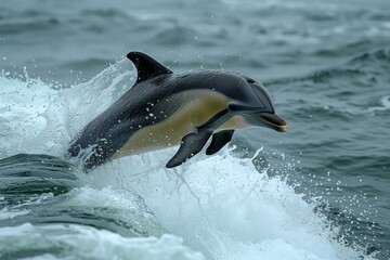 Obraz premium Long-Beaked Common Dolphin Leaps Out of the Water in a Splash