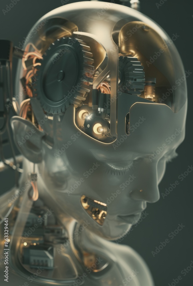 Poster a close up of a robot head with gears and wires, ai