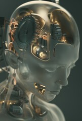 Fototapeta premium A close up of a robot head with gears and wires, AI