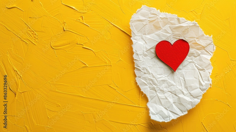 Poster affectionate message written on paper close up on yellow background with empty space