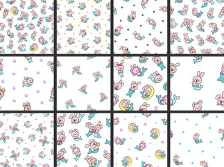 Cute kawaii bunny mermaid. Seamless pattern. Cartoon little rabbit. Fantasy animal characters. Hand drawn style. Vector drawing. Collection of design ornaments.