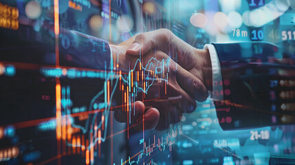 Business handshake overlaid with digital financial charts,