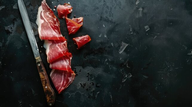 Preparation of succulent Iberian ham slice with knife on dark background