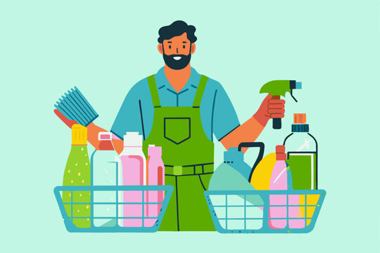 cleaning man holding spray bottles and cleaning supplies clip art preview