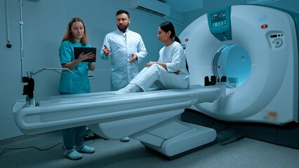 Doctor in white gown exploring MRI image. Patient lying at MRI capsule. MRI cabinet. Modern...