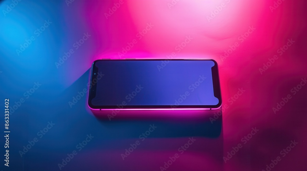 Poster a modern smartphone with a blank screen sits illuminated by vibrant pink and blue neon lights, perfe
