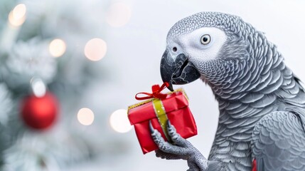 Fototapeta premium African grey parrot holding a small red gift box against a plain white background. Concept of exotic pets, holiday cheer, Christmas spirit, festive bird