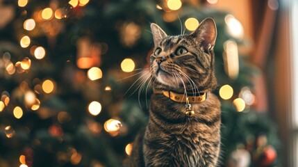 Tabby cat with a festive collar in front of a decorated Christmas tree. Concept of holiday pets, Christmas decor, festive feline, cozy celebrations. Copy space