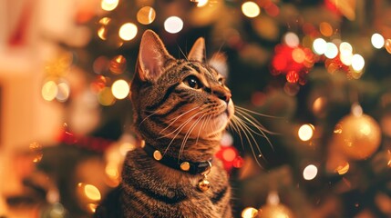 Tabby cat with a beaded collar gazing up in front of a sparkling Christmas tree. Concept of festive cat, holiday decorations, domestic feline, Christmas lights. Copy space