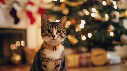 Tabby cat with a beaded collar gazing up in front of a sparkling Christmas tree. Concept of festive cat, holiday decorations, domestic feline, Christmas lights. Copy space