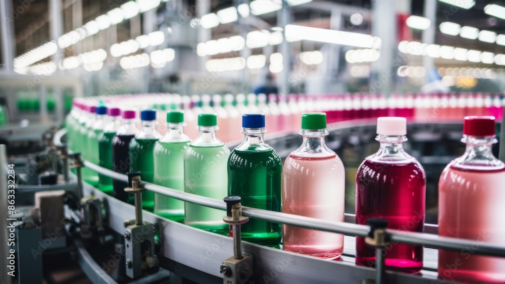 Poster a conveyor belt with bottles of different colors and flavors, ai