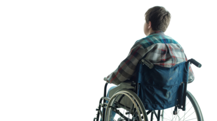 Disable young man in wheelchair back side view on transparent background