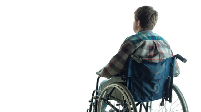 Disable young man in wheelchair back side view on transparent background