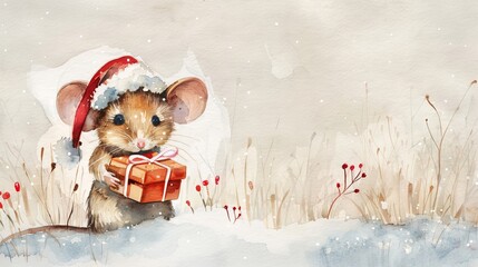 Watercolor painting of a cute mouse wearing a Santa hat and holding a gift box. Concept of Christmas, holiday celebration, festive animal illustration. Copy space