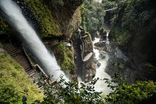 Panoramic View of Pailon del Diablo Waterfall and Stairs, Baños de Agua Santa, Tungurahua, Ecuador