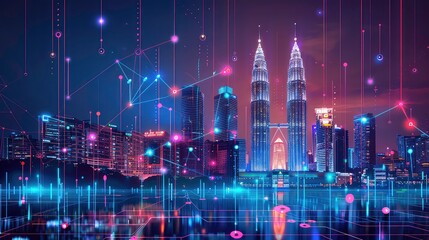 Obraz premium concept technology connection data big design line wave intricate aesthetic gradient connect point dot abstract city smart kuala lumpur skyline landscape code colors colorful.
