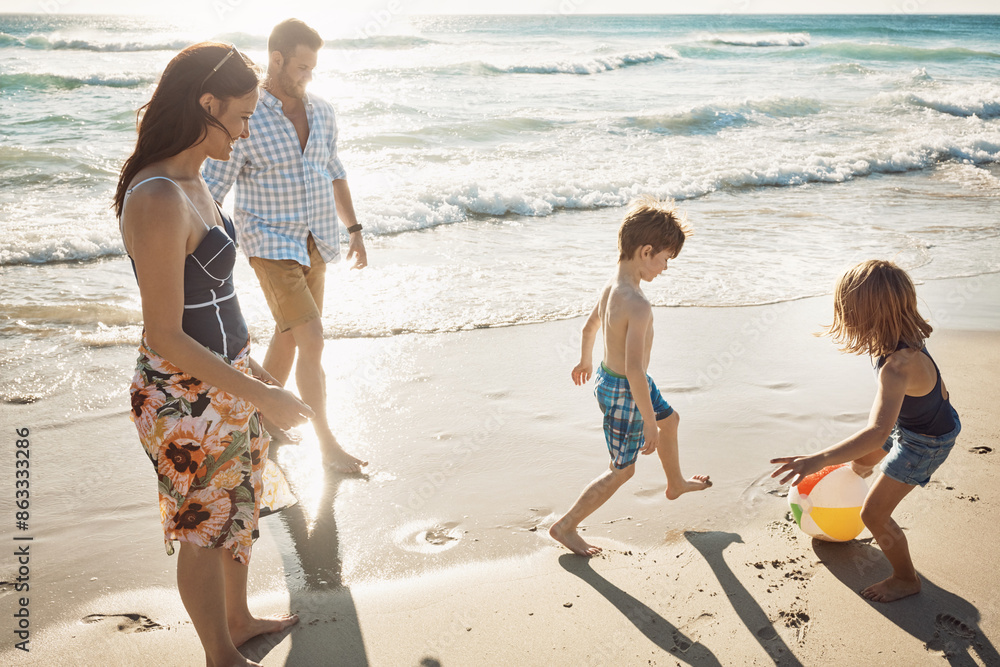 Wall mural Beach, family and kids play ball in nature, support and freedom on coast of Italy for love. Parents, children and happy together on holiday at sea, ocean and bonding on travel adventure in outdoor