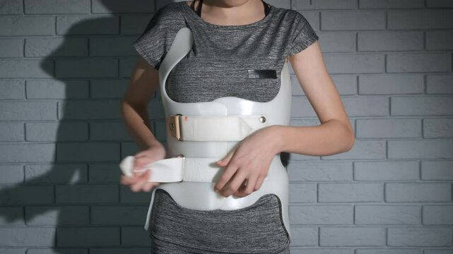 Wearing scoliosis corset. A schoolgirl wearing the scoliosis plastic corset at home. A concept of Boston orthopedic corset for scoliosis.