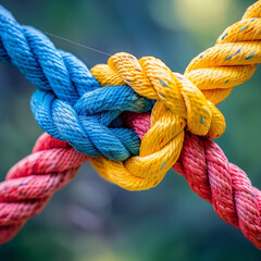 A rope with three different colored strings tied together. The colors are blue, yellow, and red